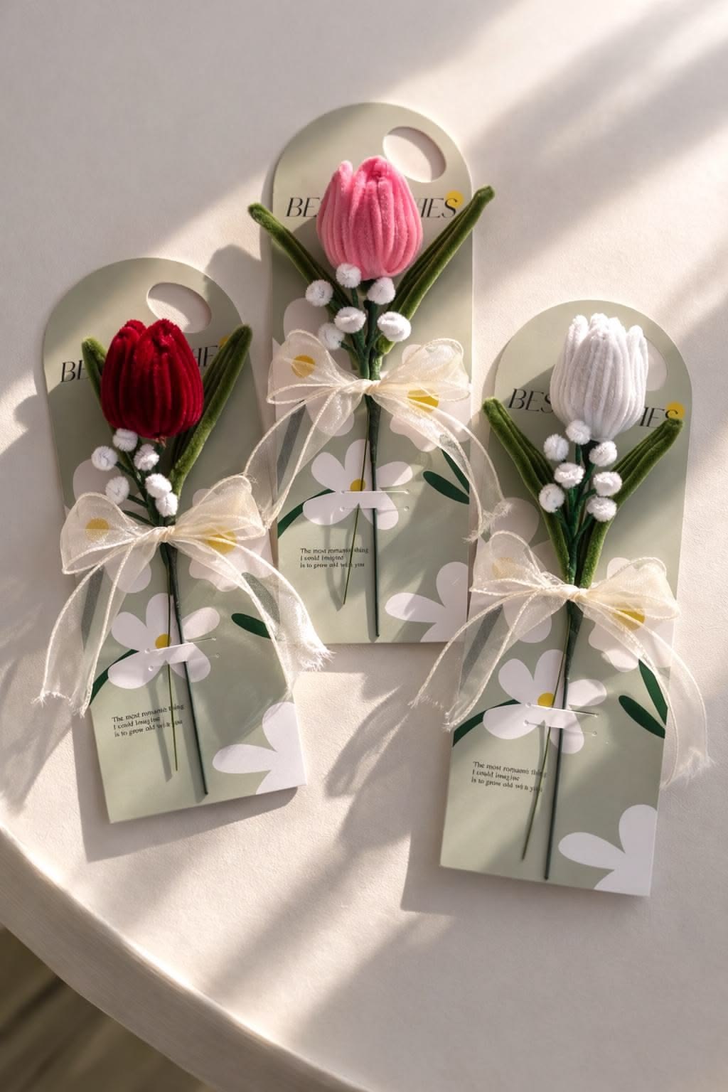 Handmade Mini Tulip Flower Card - Pipe Cleaner Tulip with Baby's Breath - Best Wishes Gift Card - Single Stem Forever Flower